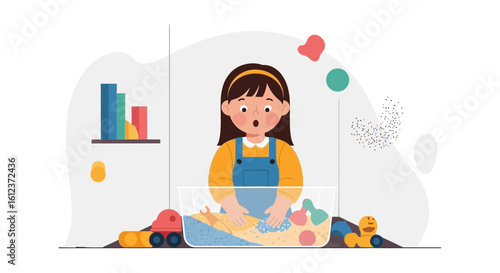 Illustration of a child playing with a sensory bin, promoting early learning and sensory exploration for children development