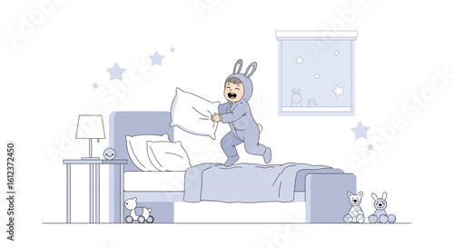 Joyful Kid Dressed In Rabbit Costume Playing Pillow Fight On Bed Time