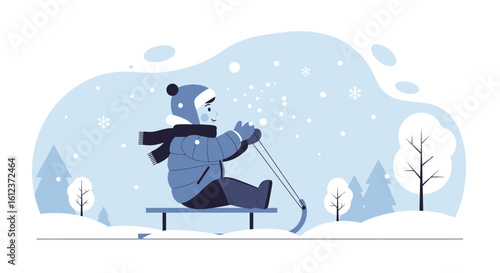 Illustration of a child sledding in a snowy winter landscape flat design