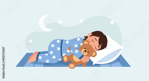 Illustration of a child sleeping soundly with a teddy bear in a starry night background