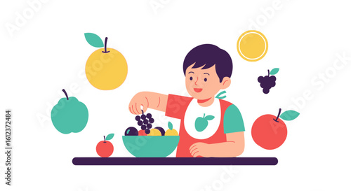 Illustration of a child with a bowl of fruit promoting healthy eating habits for children