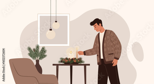 Man Lights Advent Candles In Cozy Room Decorated For Christmas Season