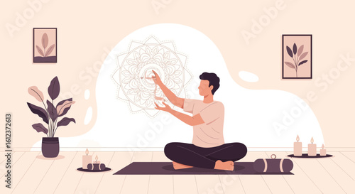 Man Meditating And Practicing Reiki In A Calming And Serene Environment
