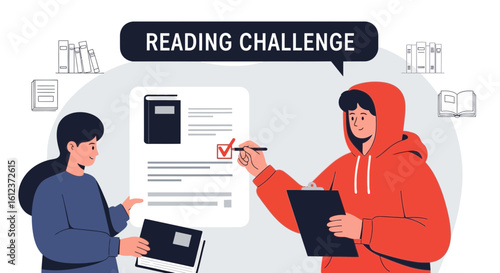 Illustration of people participating in a reading challenge with books and checklist concept