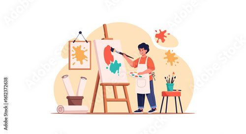 Man Painting Abstract Artwork On Canvas In Art Studio For Creative Hobby