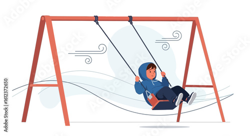 Joyful Moments Little Boy Swinging on Playground During Windy Weather