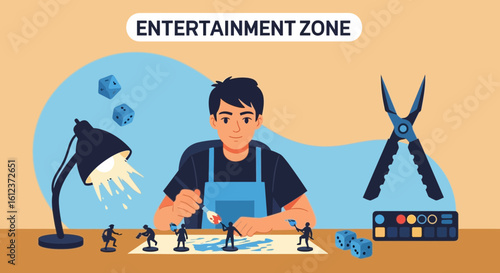 Man Painting Miniature Figures Hobby Gaming Zone Flat Style Illustration