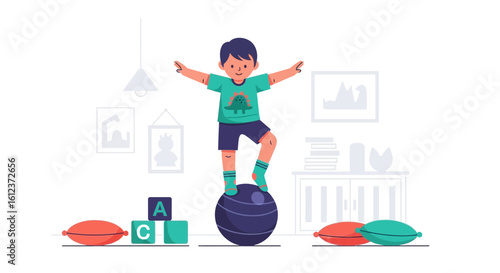 Illustration of a cute little boy balancing on a fitness ball in his playroom with toys and pillows around him