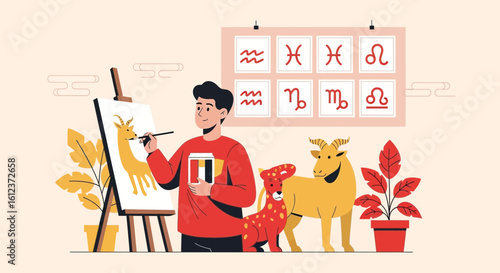 Man Paints Capricorn Artwork with Zodiac Signs on Wall Minimalist Illustration
