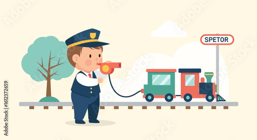 Illustration of a cute train conductor blowing a whistle next to a toy train and station sign