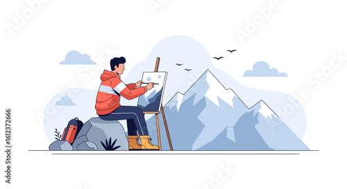 Man Painting Mountain Landscape With Easel On A Scenic Mountain Top View