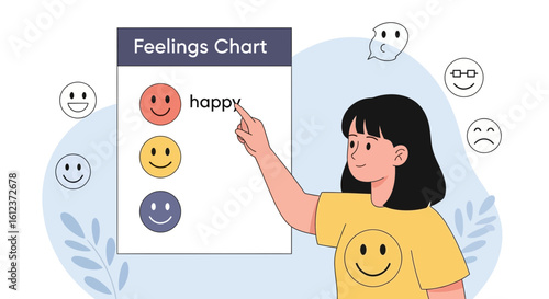 Illustration of a feelings chart with a girl pointing to 'happy' mood expression to communicate emotion and encourage empathy