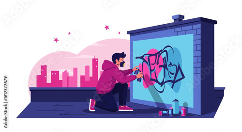 Man Paints Graffiti on Building Wall Against Cityscape Backdrop on Rooftop
