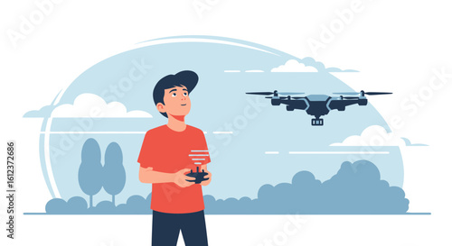 Man Piloting Drone In A Light Blue Sky With Clouds And Trees
