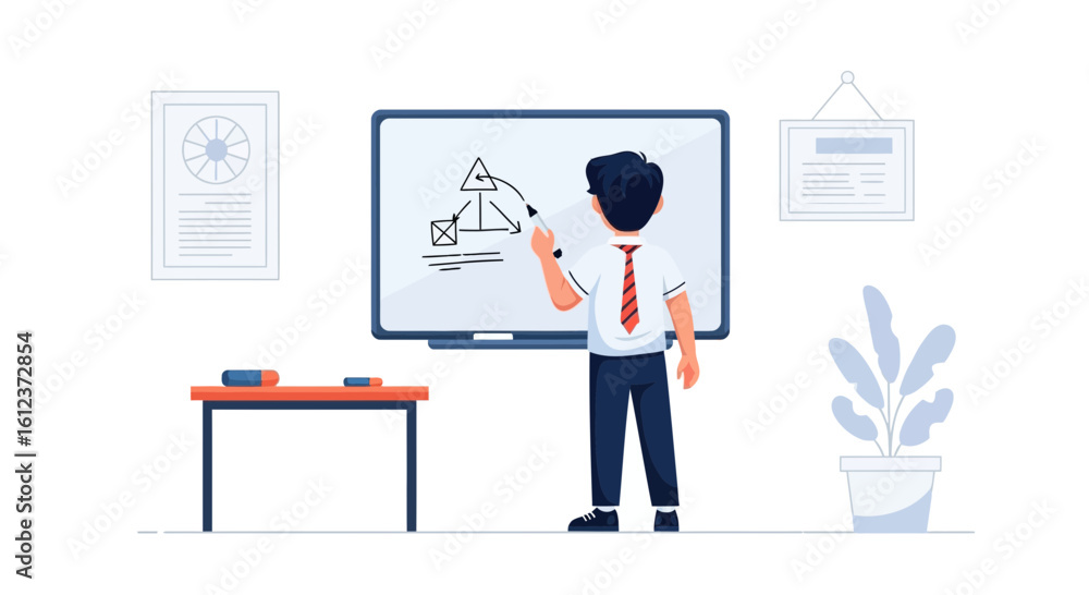 Fototapeta premium Man Presents Business Plan On Whiteboard In Modern Clean Office Style
