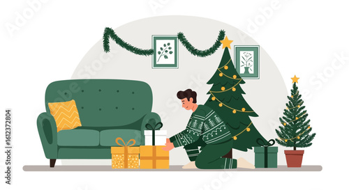 Man Preparing Christmas Gifts In Living Room With Decorated Tree