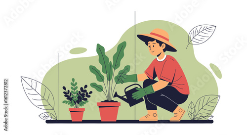 Illustration of a gardener watering plants, showcasing a love for nature and gardening with vibrant colors and modern design