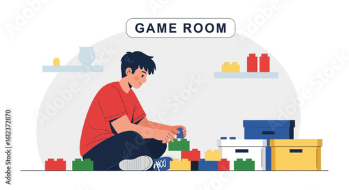 Illustrative depiction of a boy playing with building blocks in a game room setting