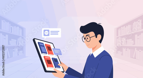 Man Reading Digital Books On Tablet In Virtual Library Environment Concept