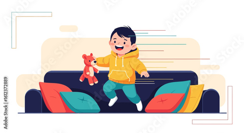 Joyful toddler bouncing on a sofa with a teddy bear creating a playful and lively scene full of energy and happiness