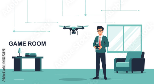 Illustrative depiction of a man operating a drone in a modern game room setting filled with technology
