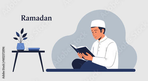 Man Reading Quran During Ramadan Holy Month Illustration Background