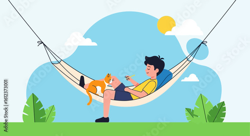 Man Relaxing In Hammock With Cat Outdoors On A Sunny Afternoon
