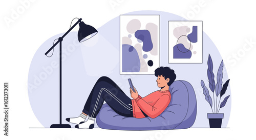 Man relaxing in beanbag chair using phone under a lamp in a cozy room with abstract wall art illustration