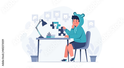 Illustrative image of a boy working on a puzzle at his desk with creativity