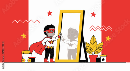 Illustrative image of a boy in a superhero costume gazing in the mirror with optimism and aspiration towards his future potential