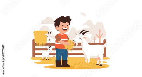 Illustration of a happy boy feeding hay to a goat in a farmyard setting, creating a cheerful and idyllic scene