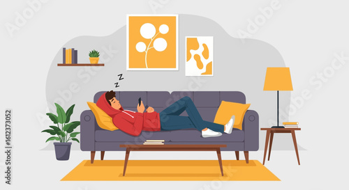 Man Relaxing On Couch With Cellphone In Cozy Home Interior Scene