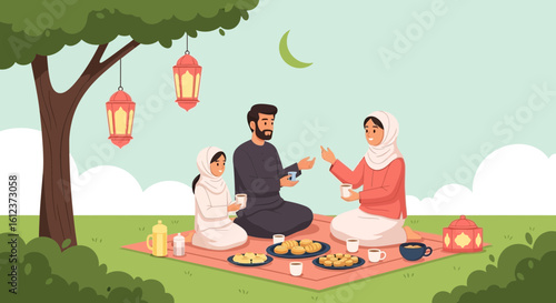 Illustrative Muslim Family Enjoying Eid Picnic Outdoors With Lanterns Hanging