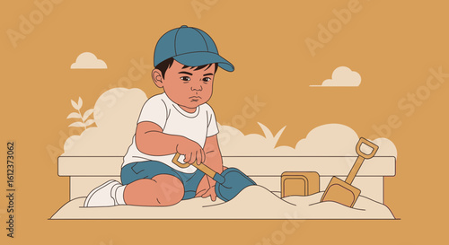 Illustrative image of a young child engrossed in playing within a sandbox environment  with toys