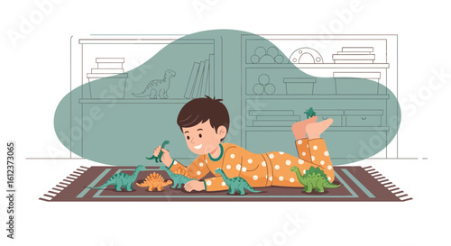 Illustration of a happy boy playing with toy dinosaurs on a rug in his room