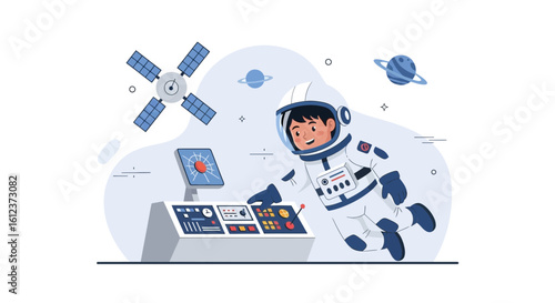 Illustration of a happy child astronaut in space piloting a spaceship with planets