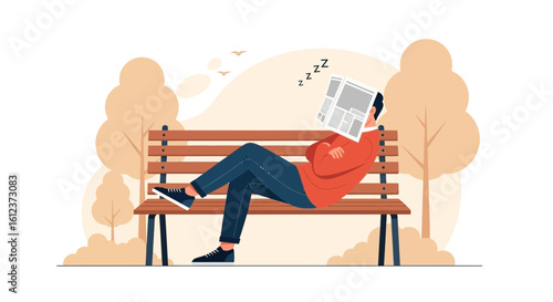 Man Relaxing On Park Bench With Newspaper Over Face Cartoon Graphic