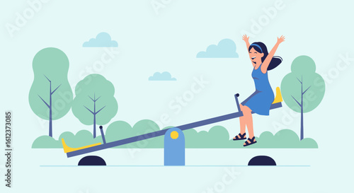 Joyful Woman Playing On A See Saw In The Park Simple Illustration