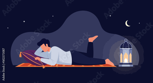 Man Relaxing On Rug Under Starry Night With Traditional Lantern