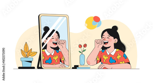 Joyful Woman Gazing At Her Reflection Feeling Happy Self-Esteem Concept