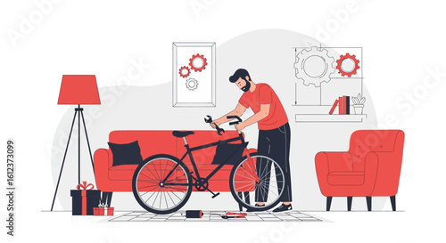 Man Repairing Bicycle At Home With Tools, Enjoying Hobby Time Indoors