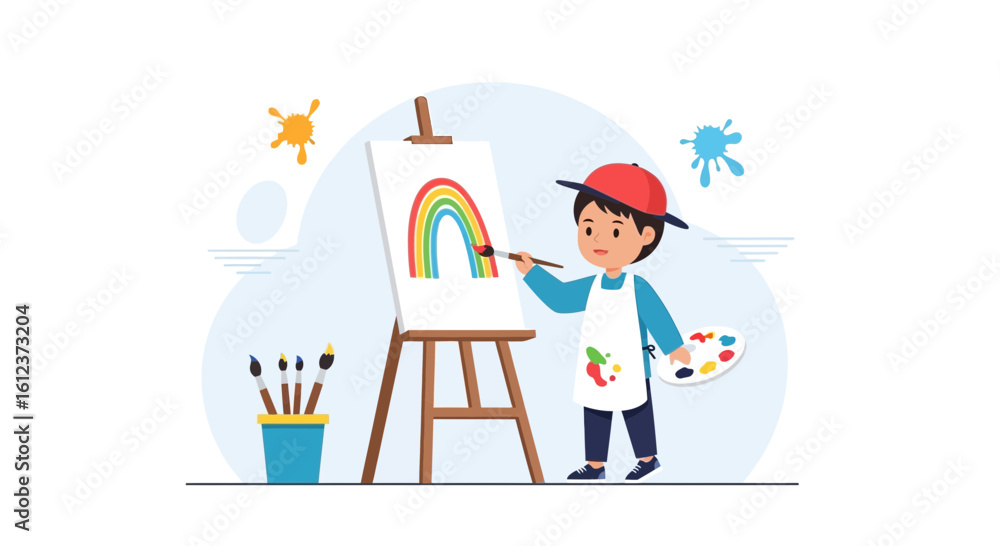 Obraz premium Illustration of a happy young artist painting a colorful rainbow on canvas