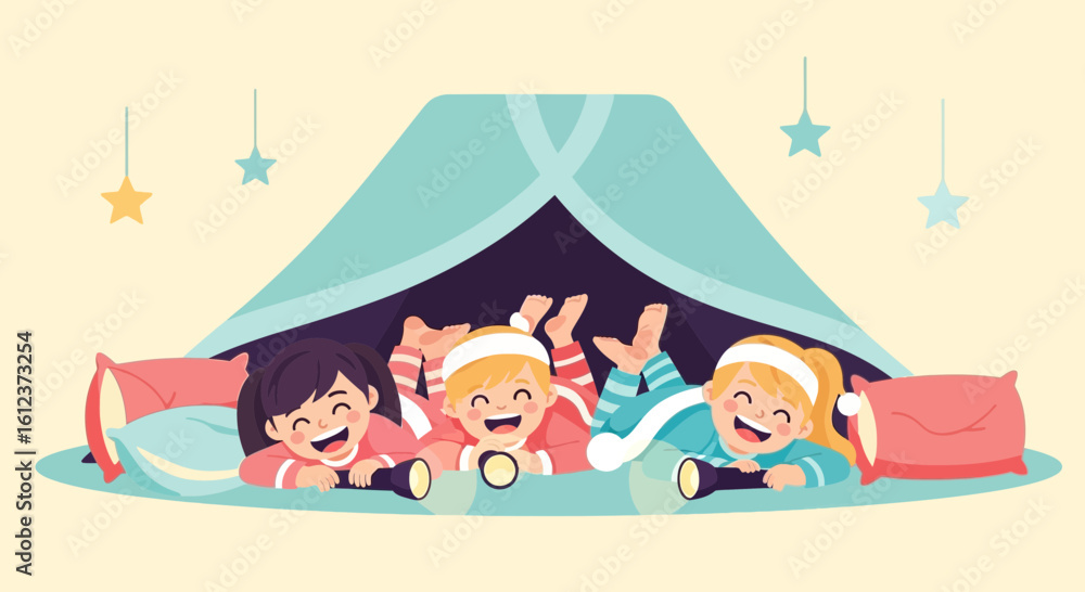 Obraz premium Kids Pajama Party In Tent With Flashlights Cartoon Illustration