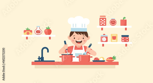 Joyful Young Chef Prepares a Meal in a Well Equipped Sunny Kitchen