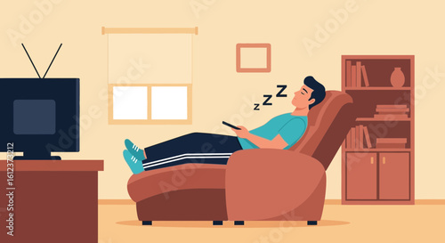Man sleeping in recliner watching tv, depicting relaxation and rest after a long day