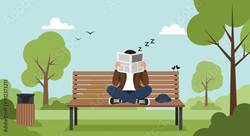 Man Sleeping In The Park Reading Newspaper On Bench Under Summer Sky