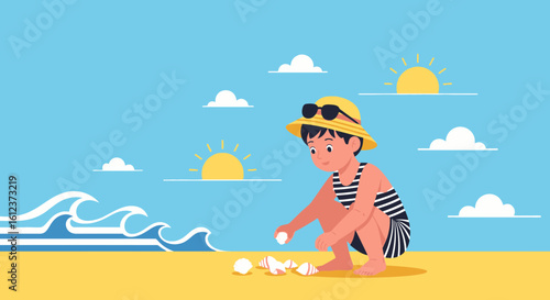 Illustration of a happy young boy in swimsuit playing with shells on the beach