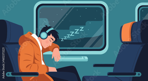 Man Sleeping On A Train While Listening To Music With Headphones At Night