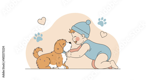 Illustration of a joyful baby interacting with a cute puppy showing friendship and love sharing precious moments together