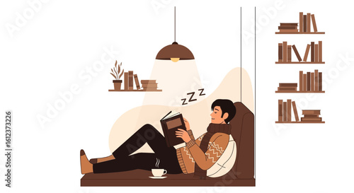 Man Sleeping While Reading A Book In A Cozy Indoor Setup On A Swing